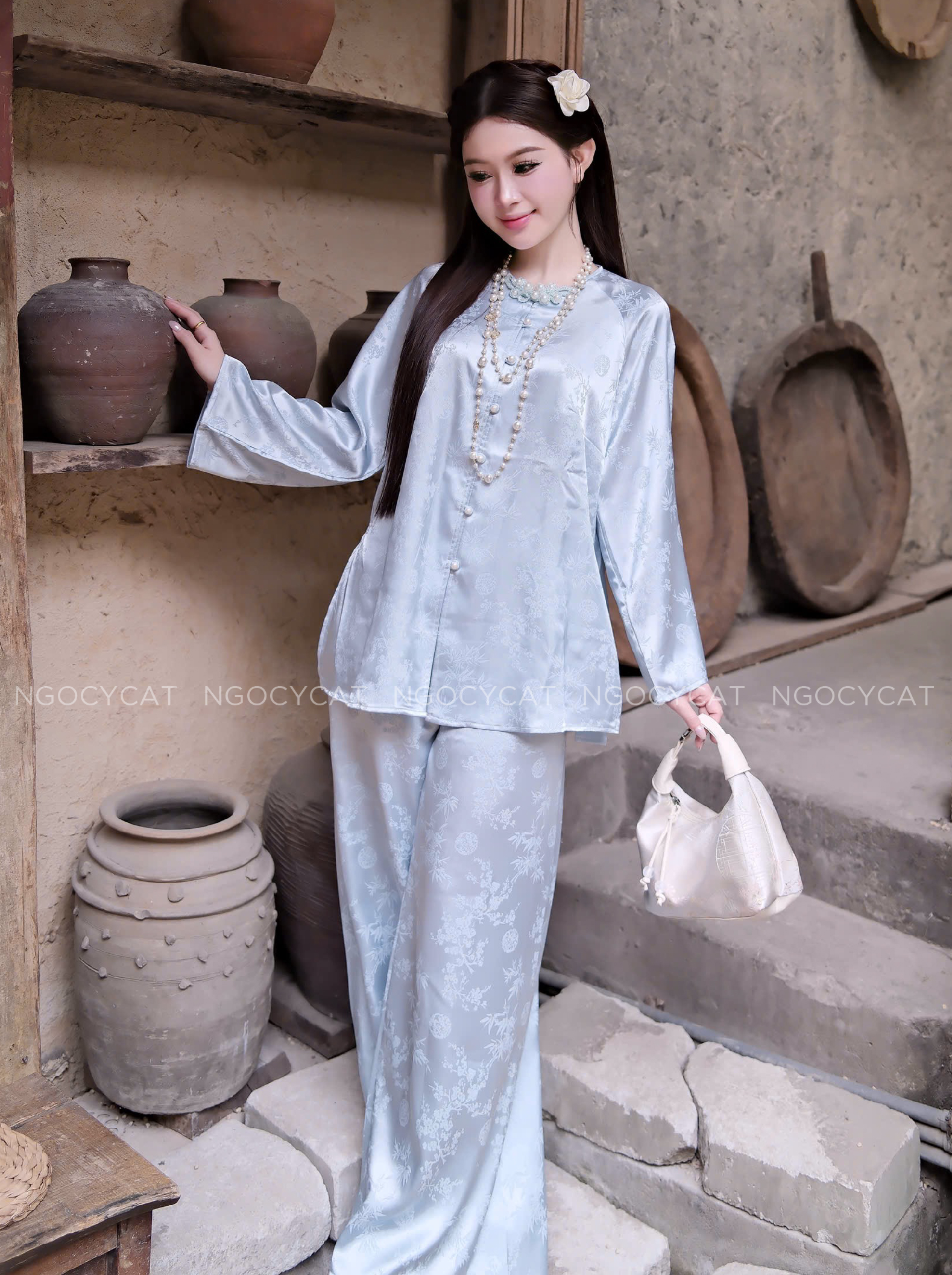 Áo Bà Ba Xanh Dương Lụa Trúc Mai