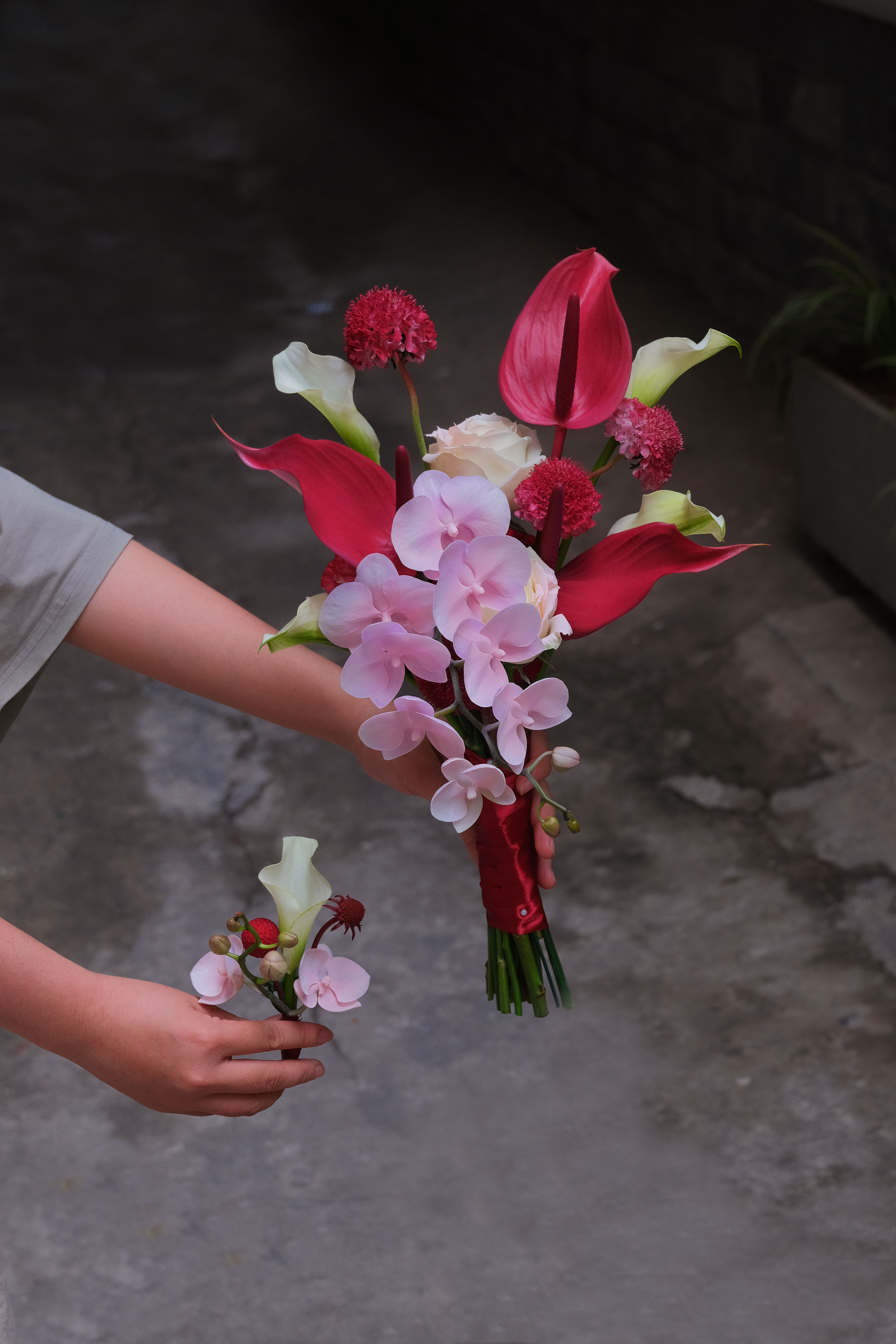 Hoa ăn hỏi tone đỏ (Hồng môn, Calla. Lan mini)