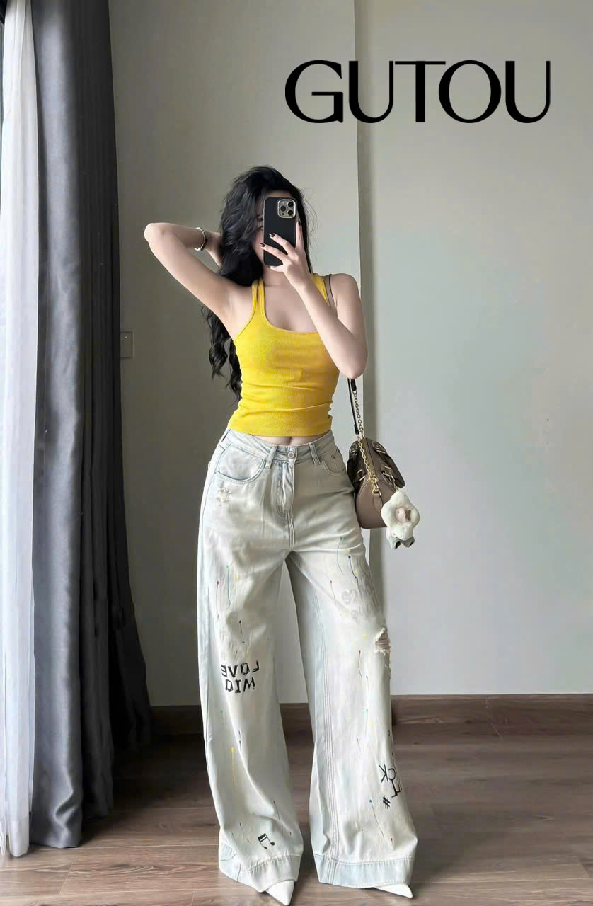 [ GUTOU ] Quần Jean Suông Poace & Love