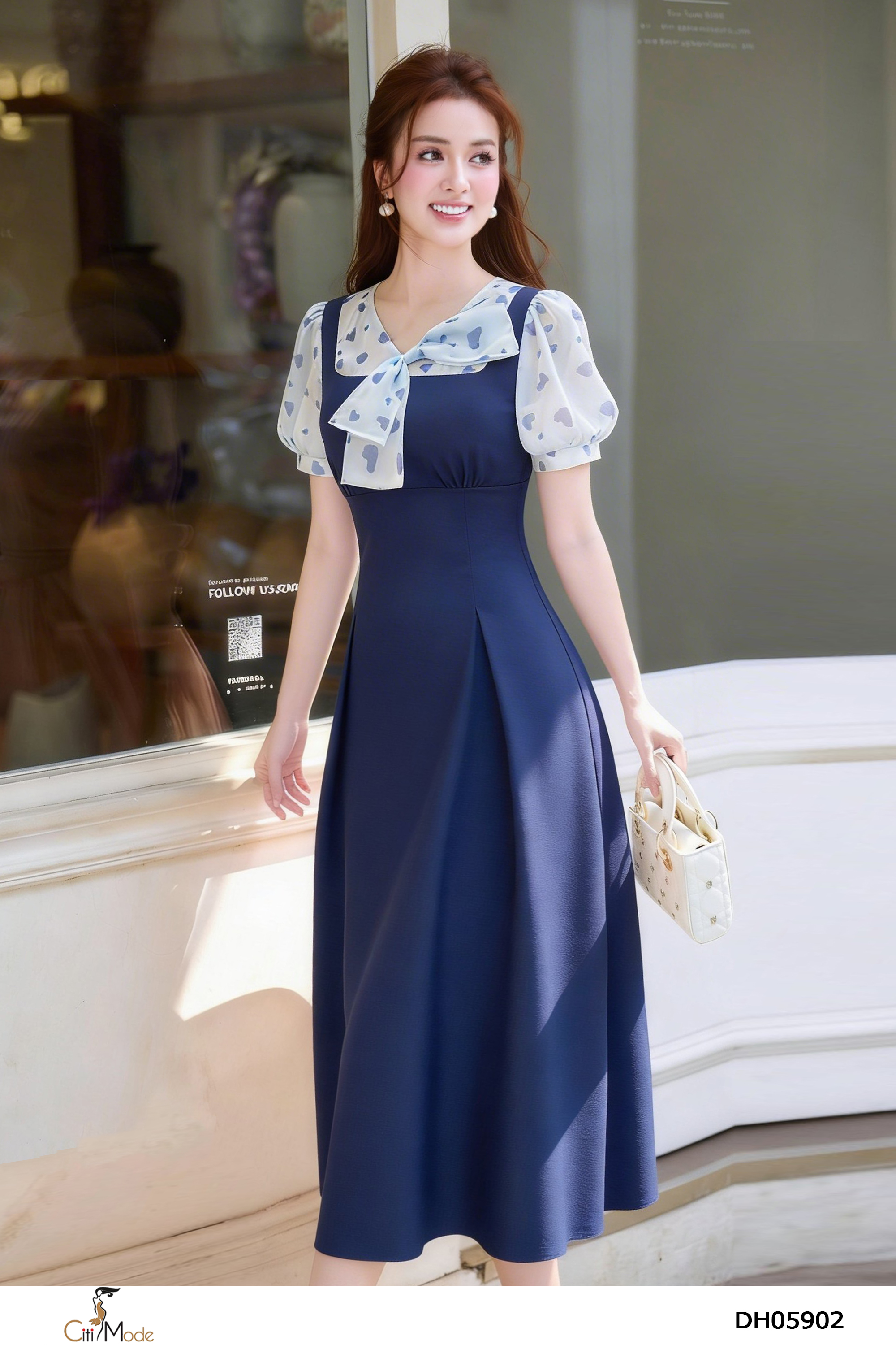 Đầm xòe tím than phối tơ cổ nơ cách điệu tay cọc