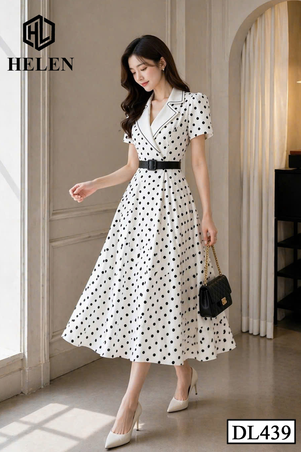 Đầm xòe TRẮNG CHẤM ĐEN phối cổ vest trắng DL439