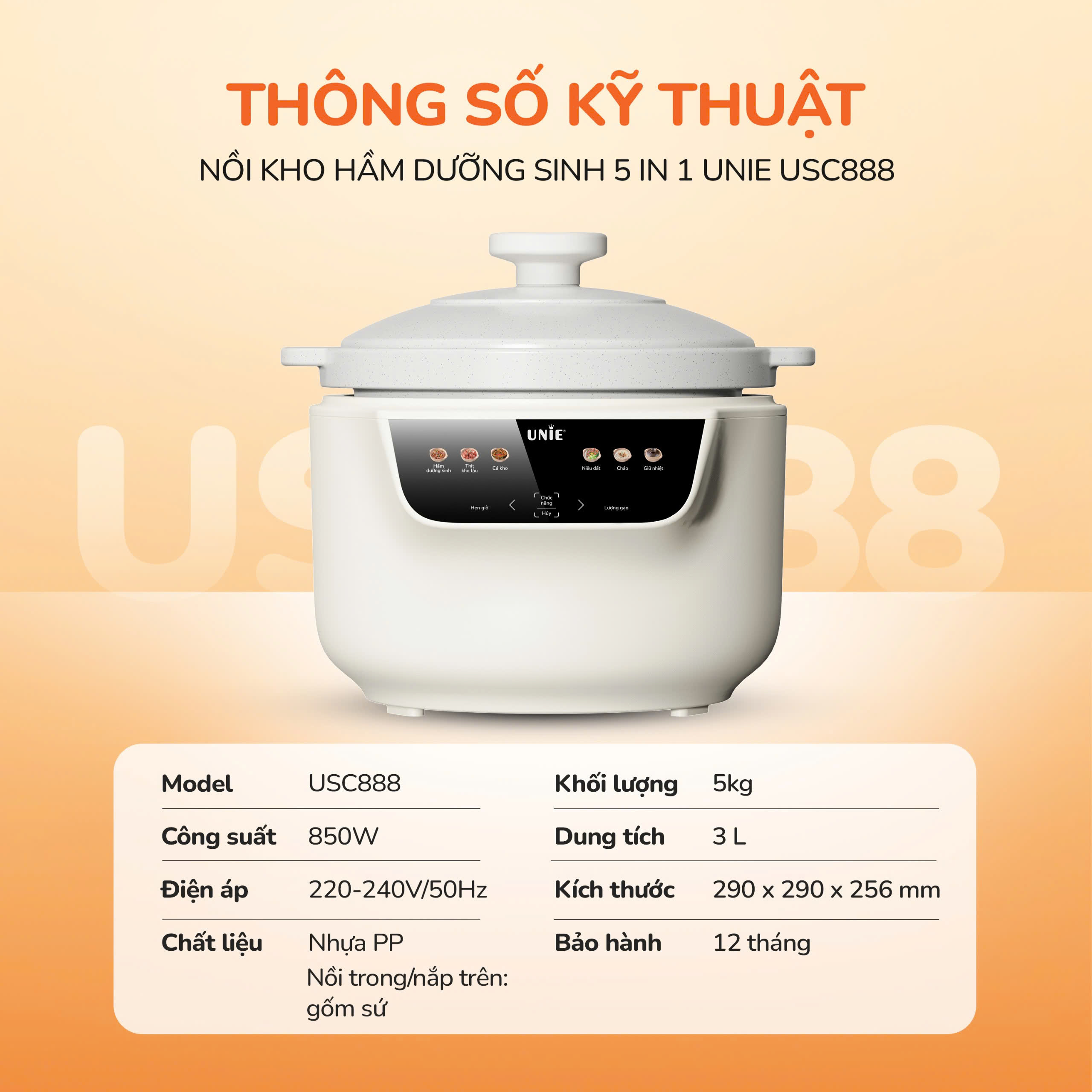 Nồi kho hầm dưỡng sinh 5 in 1 UNIE USC888, nắp sứ kép cao cấp – giữ nhiệt, khóa ẩm bằng vi áp suất_thumbnail_4