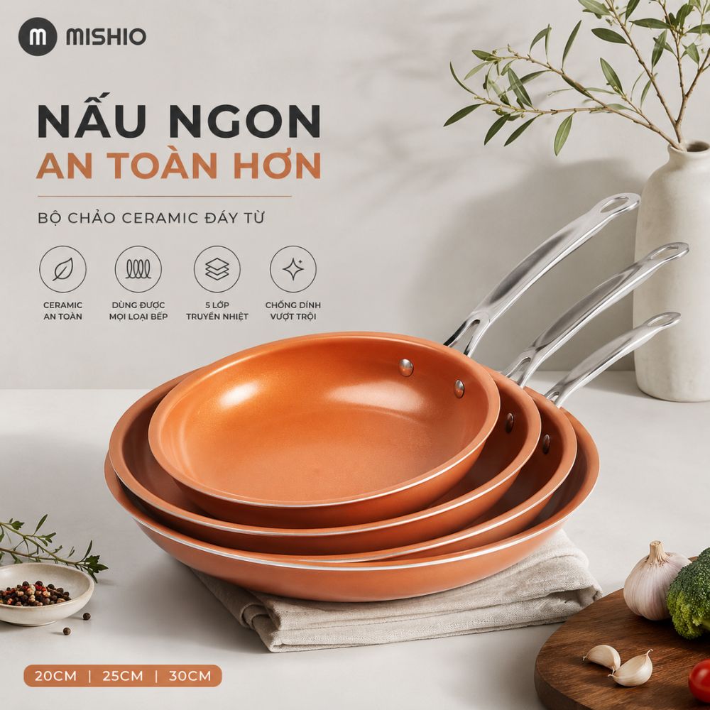 Chảo Chống Dính Đáy Từ Mishio Size 25 cm MK431 - Chống Dính Gốm Cao Cấp, An Toàn Sức Khỏe, Dùng Cho Mọi Loại Bếp