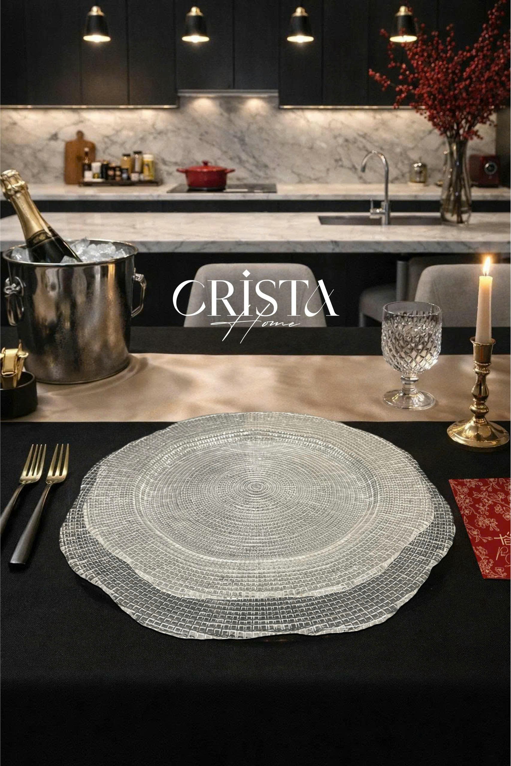 Bộ 2 đĩa thủy tinh CRISTA HOME Tròn hoa đào 34 + 30 cm, 60225
