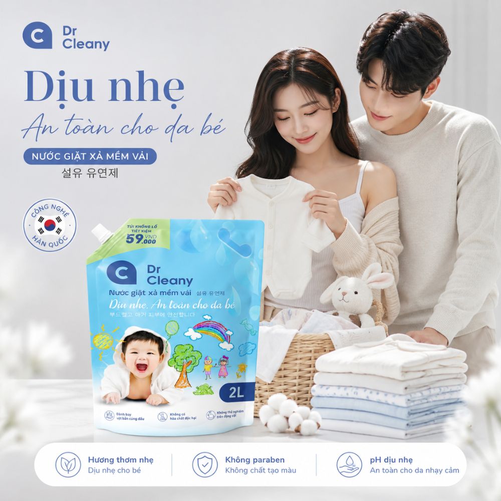 1 Thùng 4 Túi Nước Giặt Cho Bé Dr. Cleany 2kg Công Nghệ Hàn Quốc