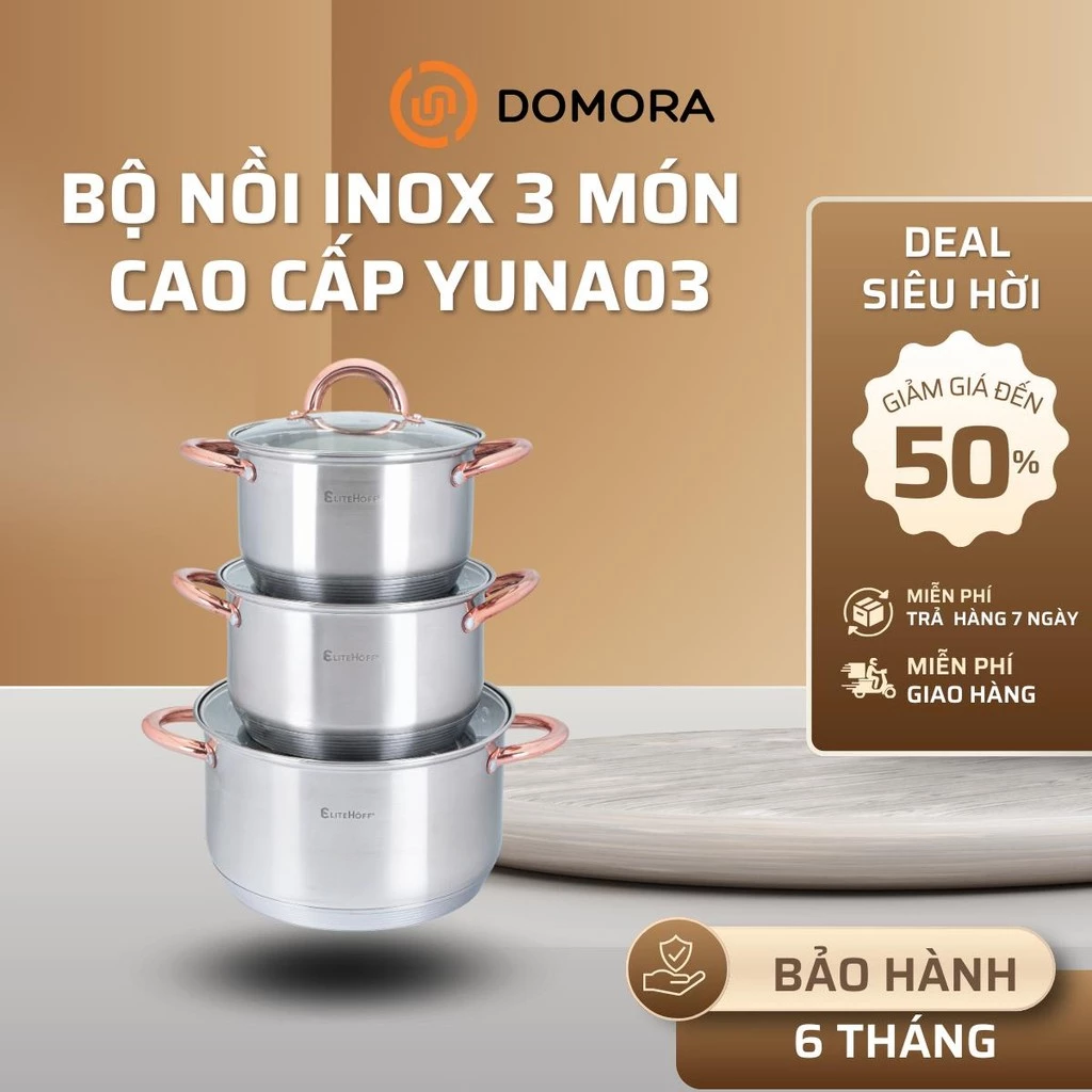 Bộ 3 Nồi Inox Đức Elite-Hoff, Bộ Nồi Inox 201 Cao Cấp Đáy 5 Lớp Không Gỉ Dẫn Nhiệt Nhanh Sử Dụng Cho Mọi Loại Bếp
