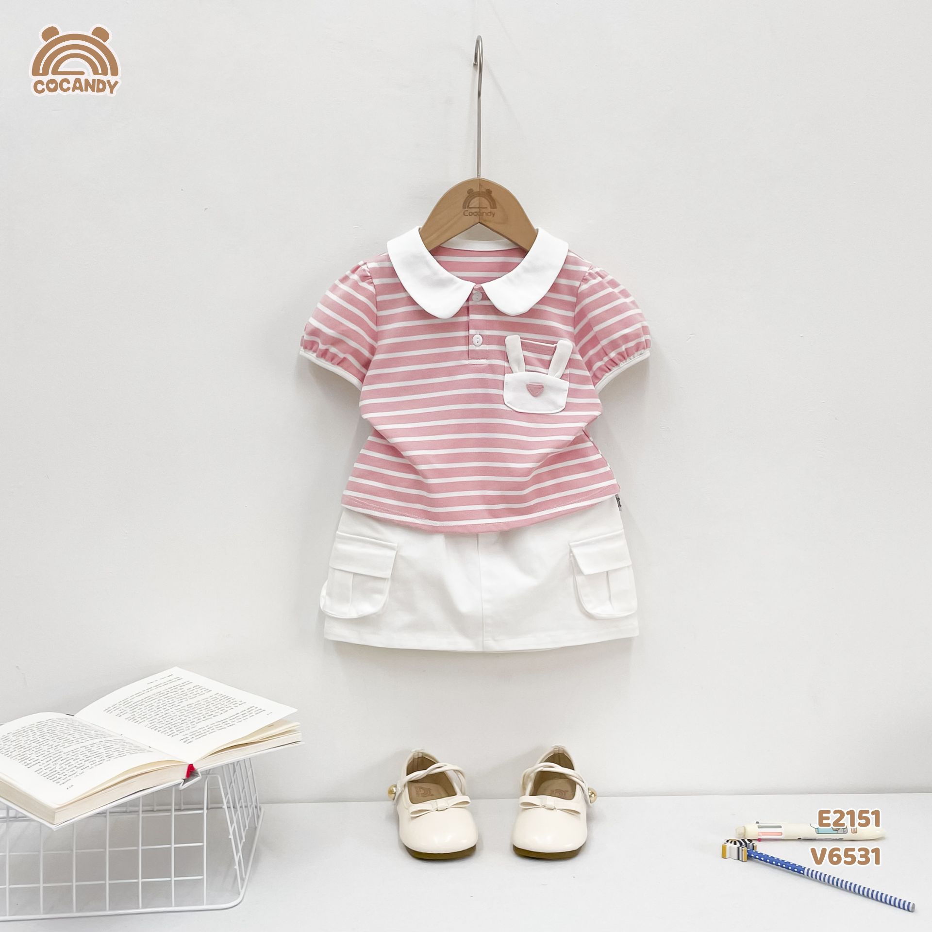 Áo cộc polo kẻ HỒNG phối túi thỏ