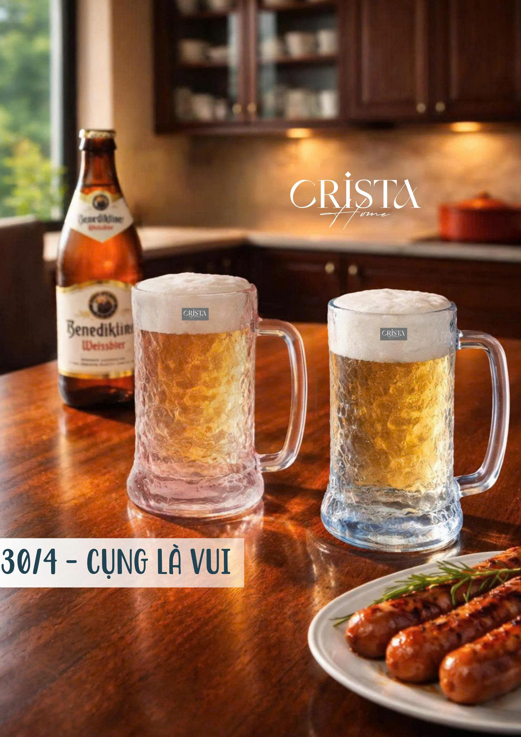 Bộ 6 cốc ly bia thủy tinh vân sóng nước có quai 420ml Crista Home_thumbnail_5
