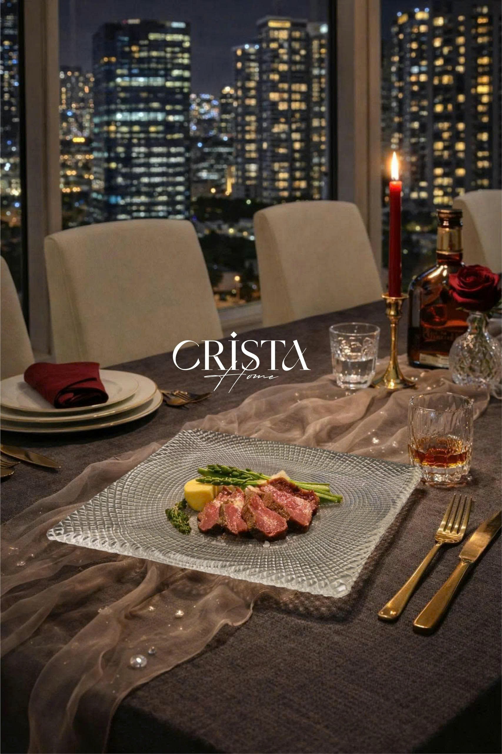 Bộ 2 đĩa thủy tinh vân lưới vuông 24cm + 27.5cm CRISTA HOME, 60227