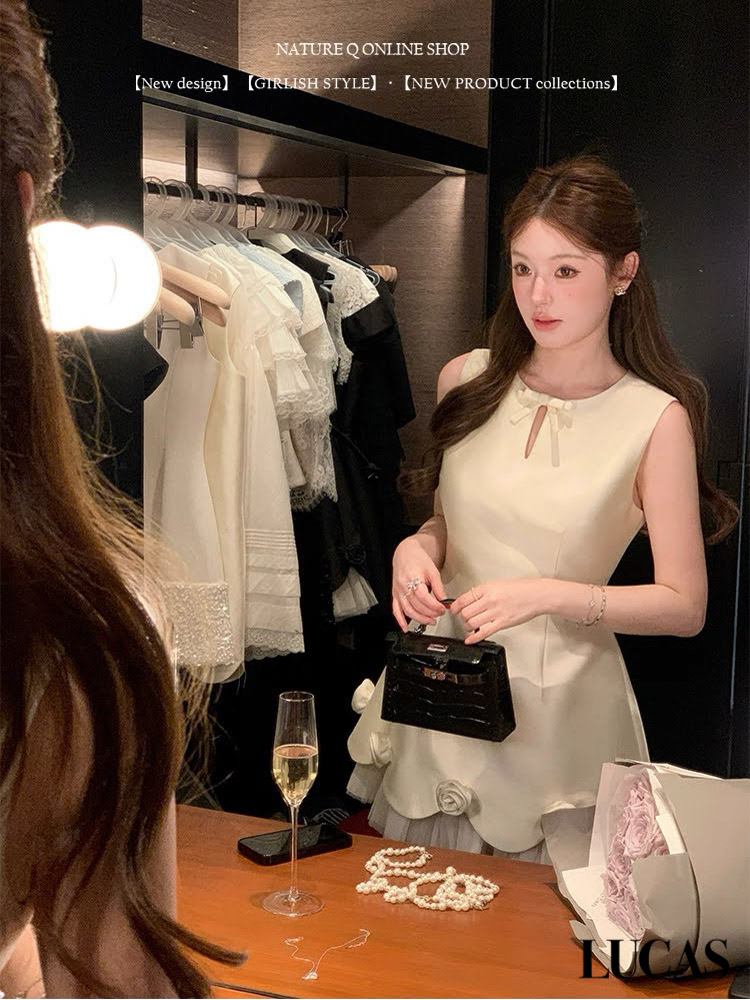 Váy zile khoét giọt lệ đính nơ gấu xòe A lót voan xếp + đính hoa nổi