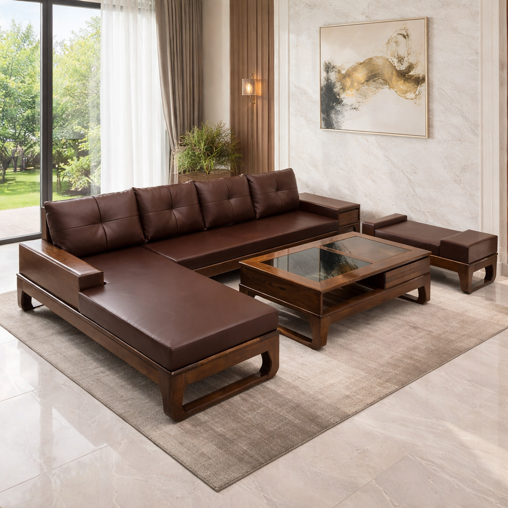 Sofa góc L chân Quỳ vế phải màu đỏ sậm, đệm màu cafe