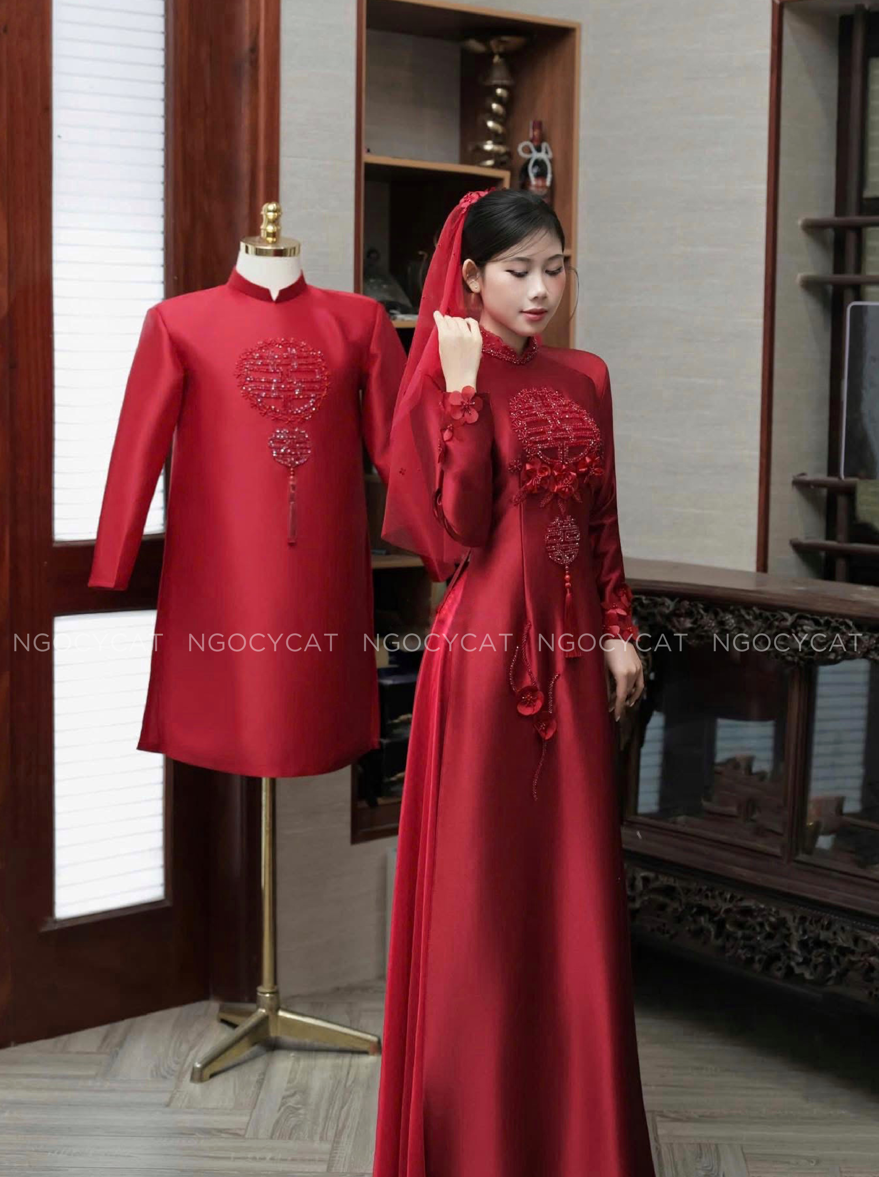 Áo Dài Dâu Rể Màu Đỏ Hỷ Bách Hoa_thumbnail_1