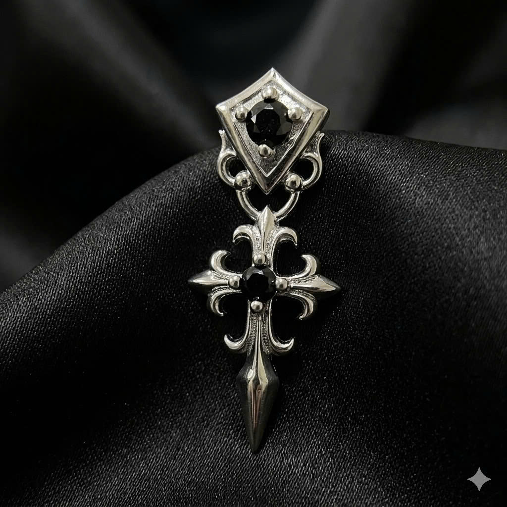khuyên kiểu hình thánh giá chrome heart thân mảnh đính kim cương đen.