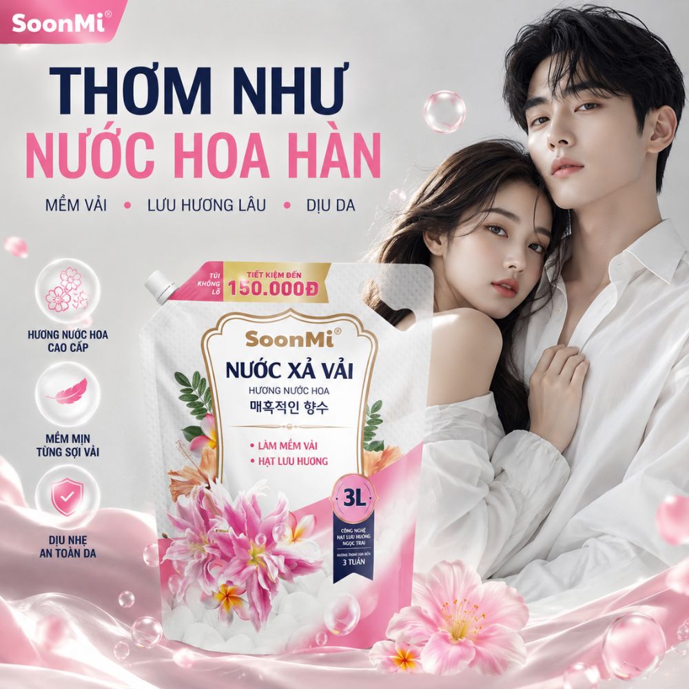 Nước Xả Vải Soonmi 3kg - Hương Nước Hoa -  Bí Quyết Quần Áo Mềm Mại, Ngát Hương Suốt 3 Tuần