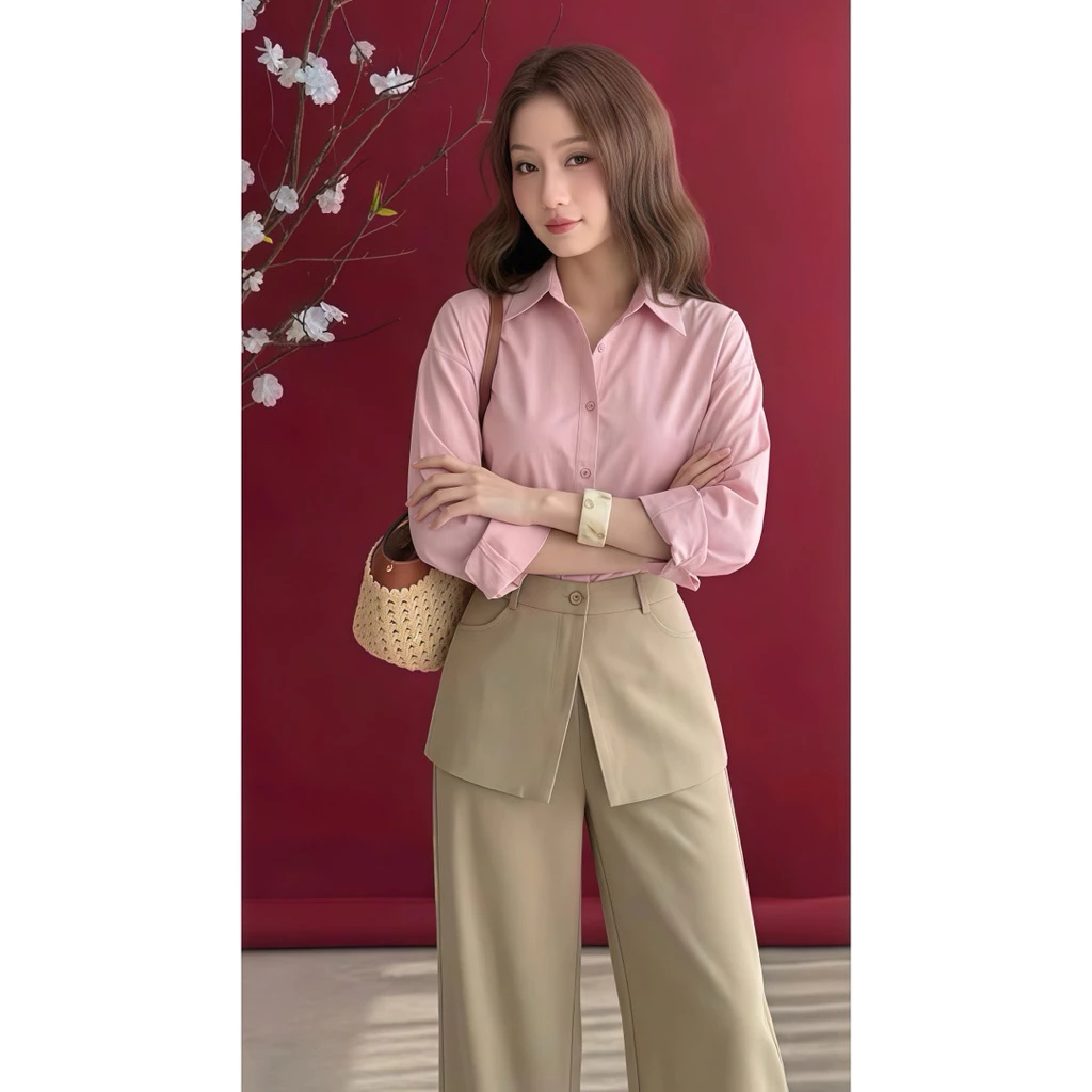Set áo sơ mi bamboo hồng phối quần suông ống rộng , Set đồ công sở nữ thanh lịch, form đứng dáng kiểu Hàn Loga_L101_thumbnail_6