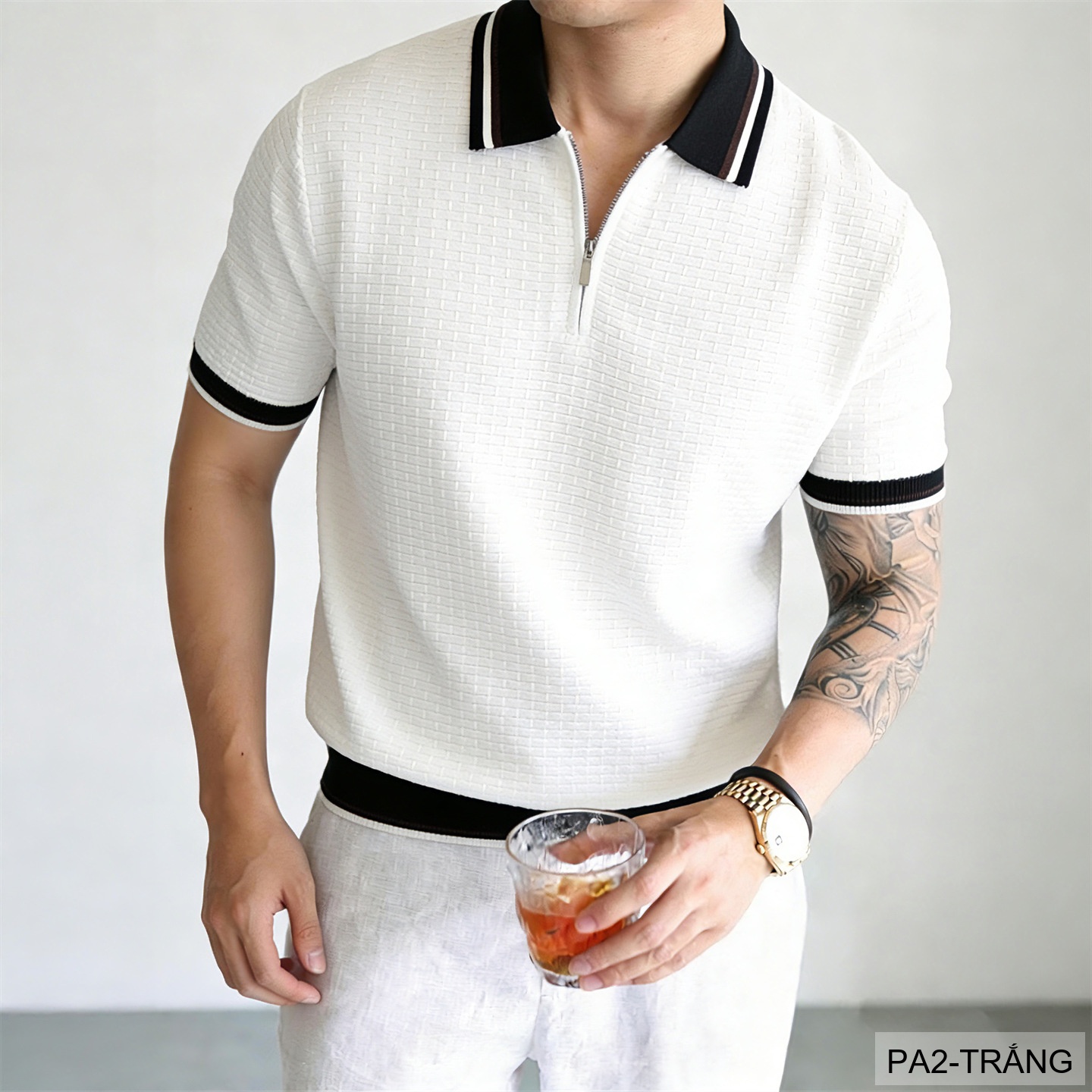 PA2 - Áo len nam tay ngắn cổ polo kiểu dệt waffle, thoáng khí, phong cách Hàn Quốc