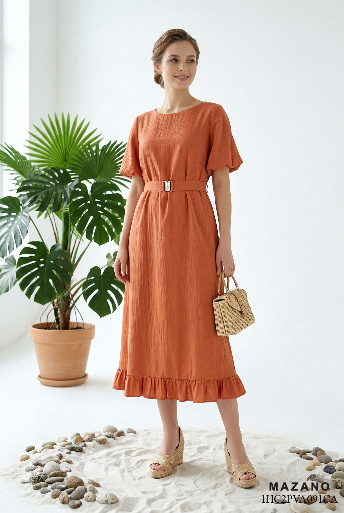 Đầm vải linen cách điệu dáng suông cổ thuyền tay bồng ngắn thiết kế MAZANO_thumbnail_3