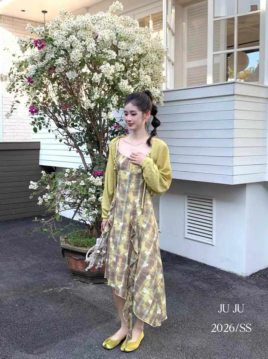 Lucas - Set váy 2 dây màu loang hoa, dây tết + áo cardigan mỏng_thumbnail_3