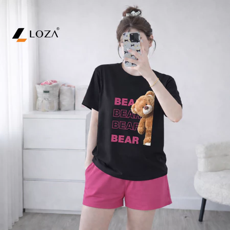 Set đồ nữ LOZA hình gấu Bear - Đồ bộ nữ mùa hè gồm áo thun dáng rộng + quần đùi cotton - BP17