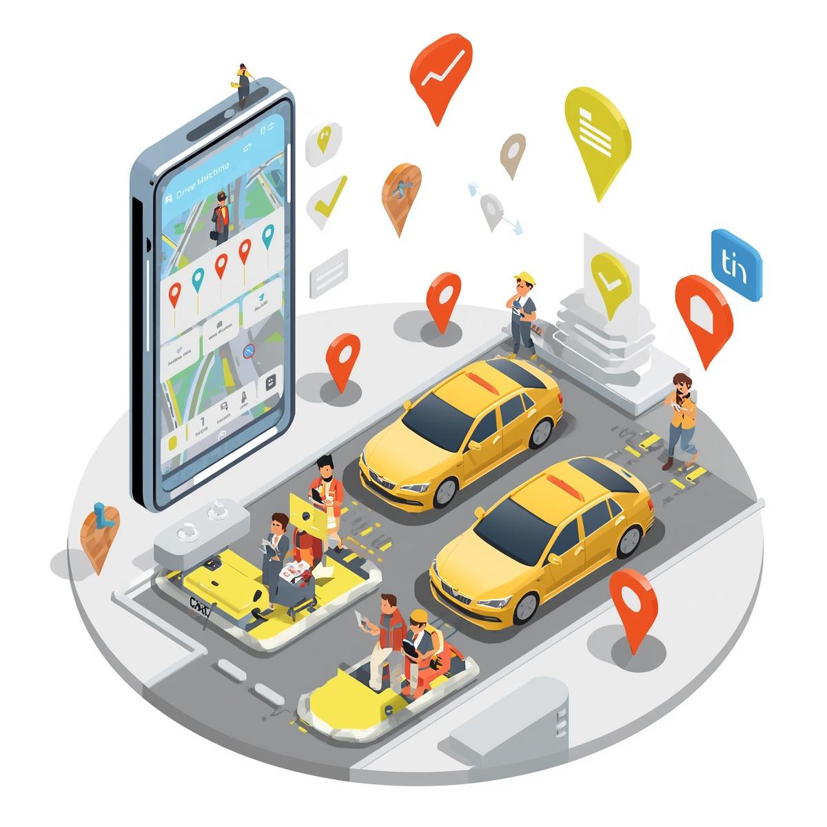 3D isometric illustration of driver dispatch and confirmation system, featuring a large smartphone or tablet screen showing driver matching interface, GPS tracking, small 3D characters of drivers with cars, route n