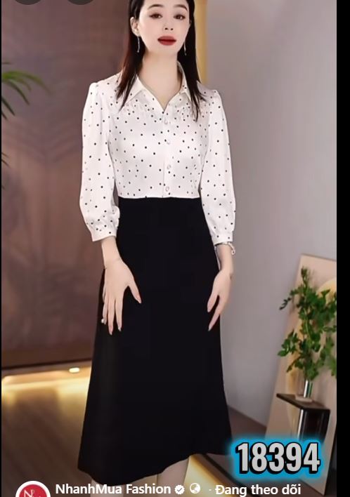 18394- Đầm xòe đen phối chấm bi trắng đen (mago phối voan)
