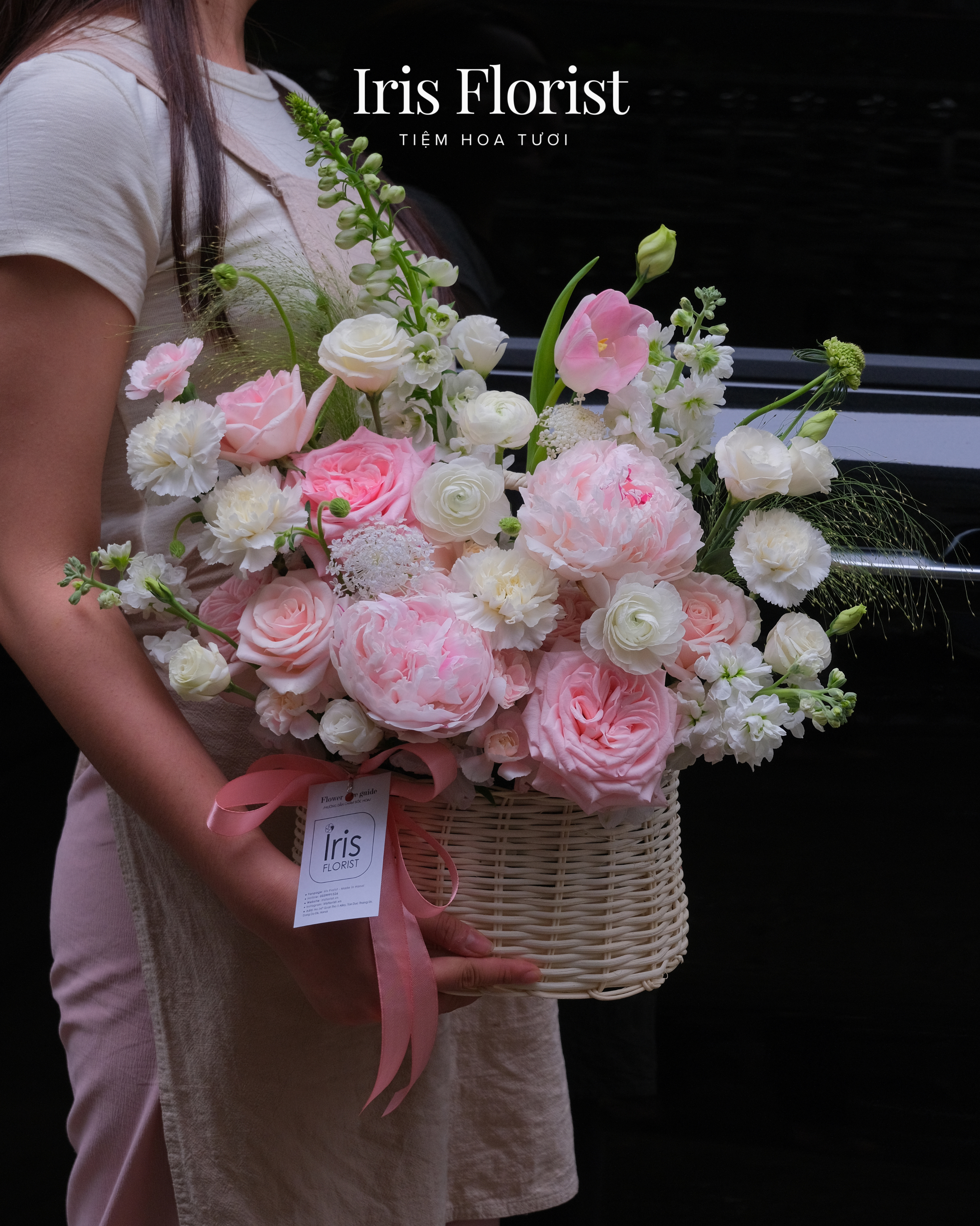 GIỏ hoa Peony mix tone hồng Pastel