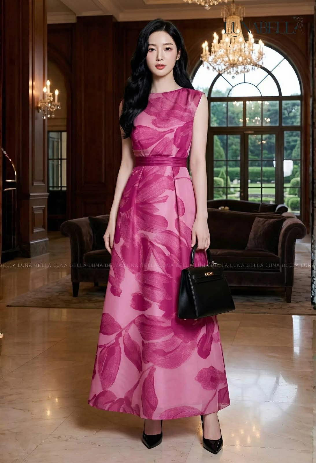 Váy dài in hoa LEONE màu HỒNG