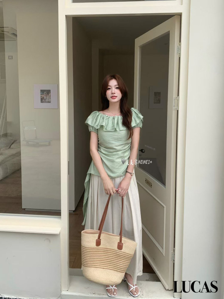 Áo sơ mi trễ vai bèo ngực rúm eo, bèo lệch 1 bên_thumbnail_2