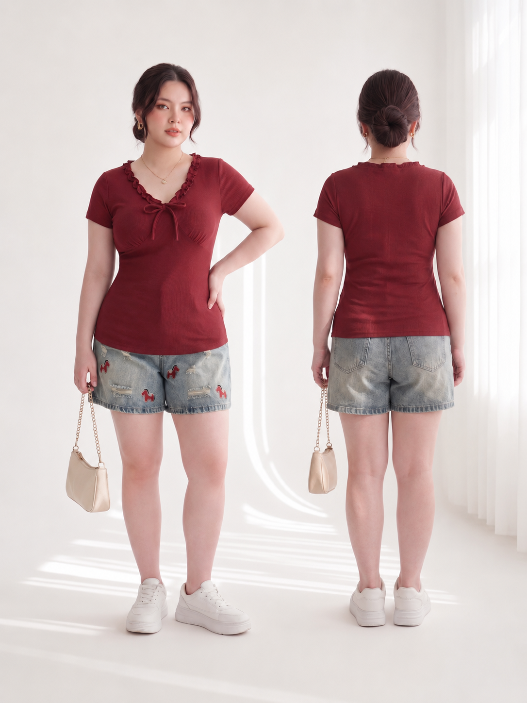 So sánh áo form rộng và áo thun cổ tim bigsize đỏ đô AK118 mặc gọn dáng hơn
