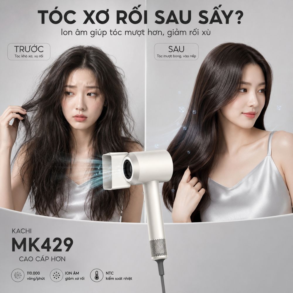 Máy Sấy Tóc Tốc Độ Cao Kachi MK429 ION (110.000 vòng/phút) - Sấy Nhanh, Chăm Sóc Tóc Ion Âm, Kiểm Soát Nhiệt NTC