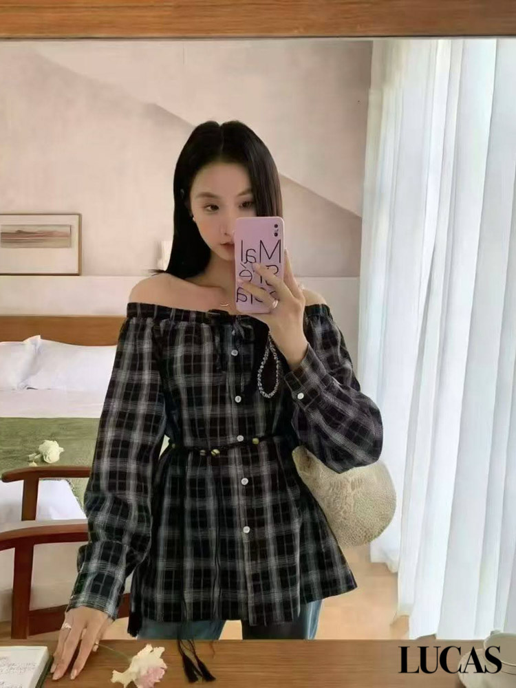 Áo trễ vai kẻ caro cài cúc dáng dài, dài tay cúc trắng buộc nơ ngực_thumbnail_2