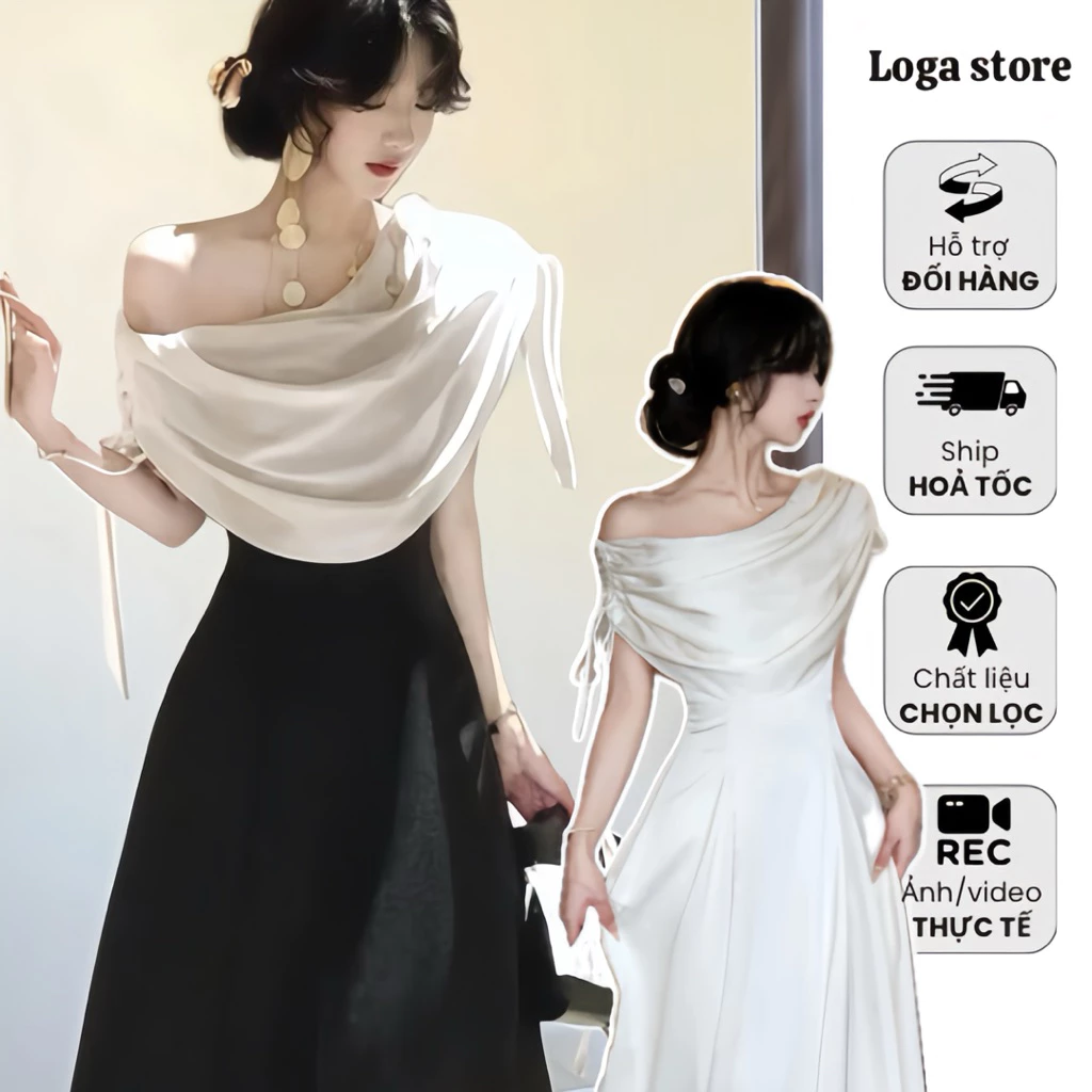 Đầm lụa trễ vai dáng dài trễ vai phong cách tiểu thư sang chảnh, đầm dự tiệc dáng xoè trễ vai Logastore_L103