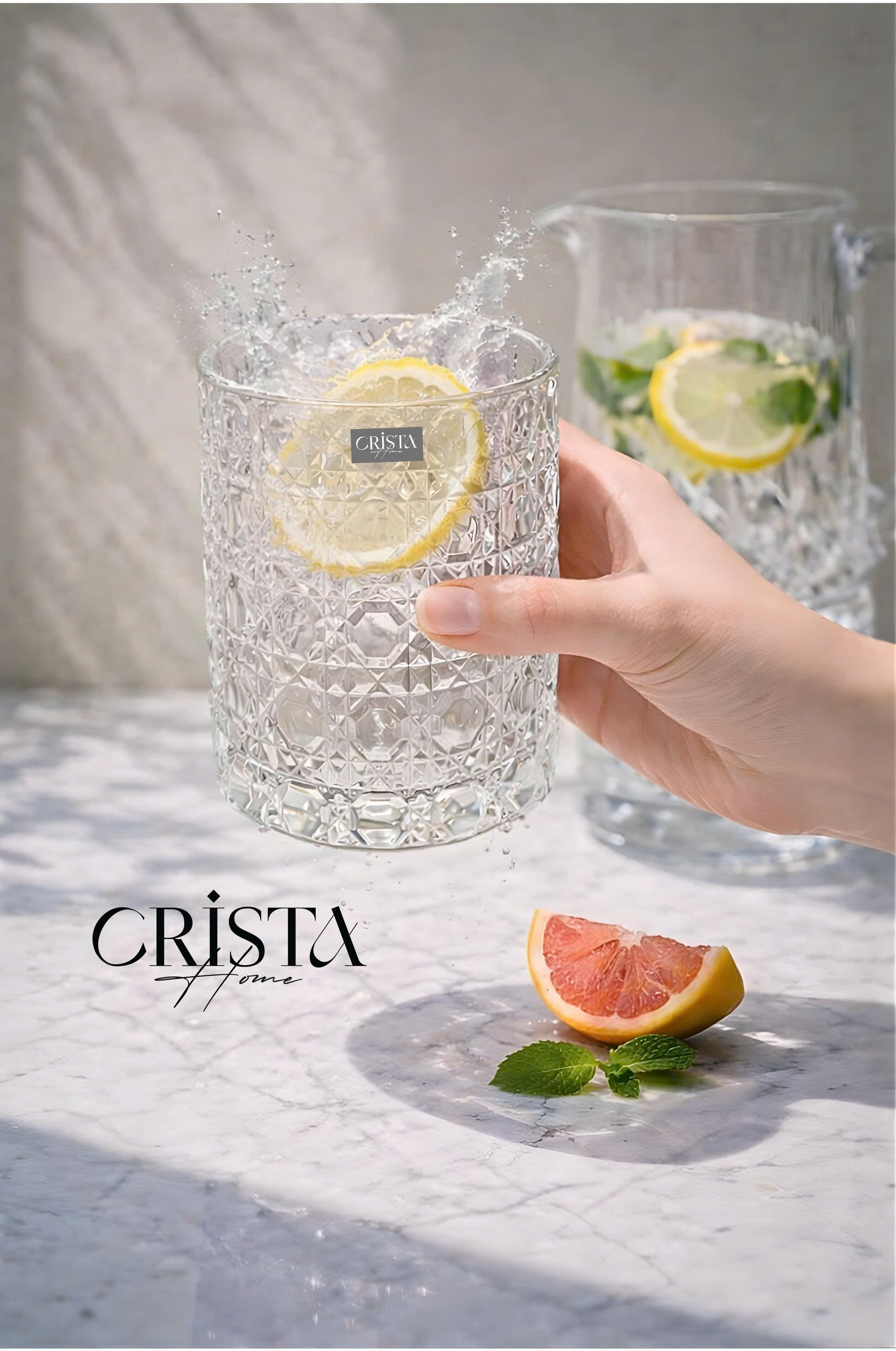 Bộ 6 cốc thủy tinh vân pha lê nổi 390ml Crista Home