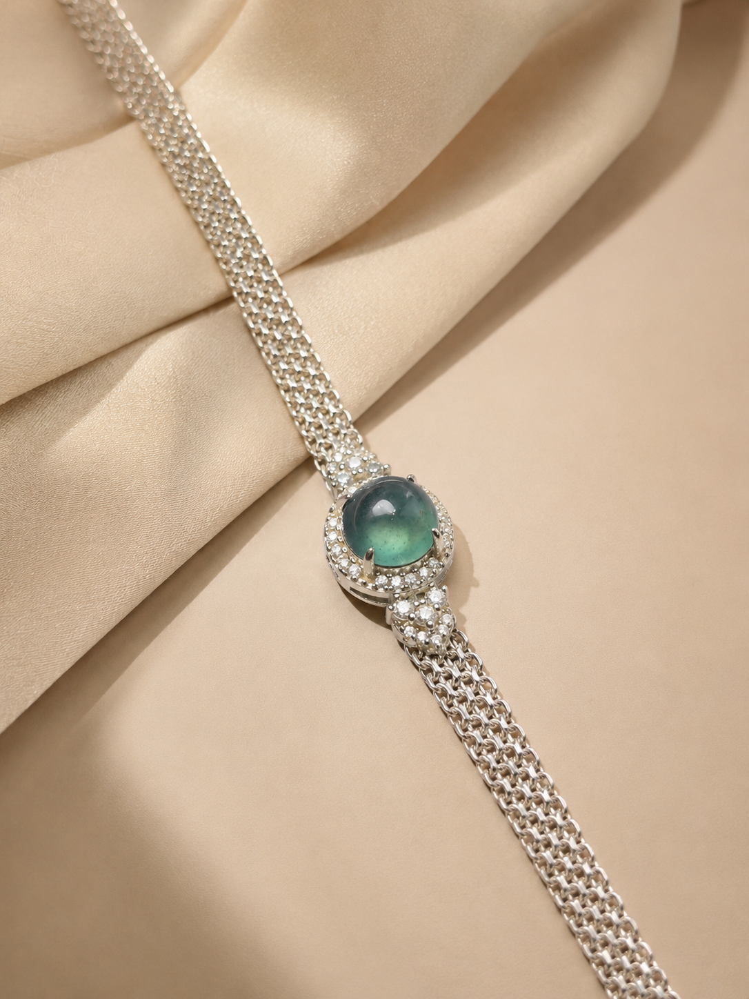 Vòng Bạc S925 Phối Cẩm Thạch Phỉ Thúy Jadeite Lam Gua Chủng Cao Băng