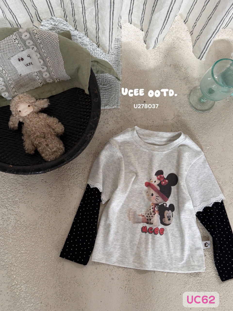 UC62 - Áo thun dài tay phối tay chấm bi in chuột Mickey màu ghi hãng UCEE 278037 (Sz90-130)
