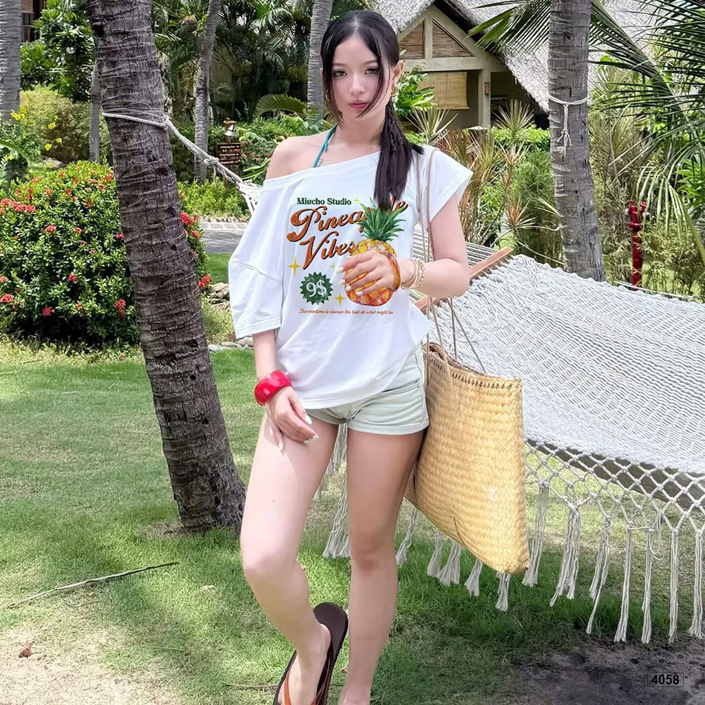 Áo thun nữ form rộng lệch vai phong cách mùa hè Miucho 4058_thumbnail_4