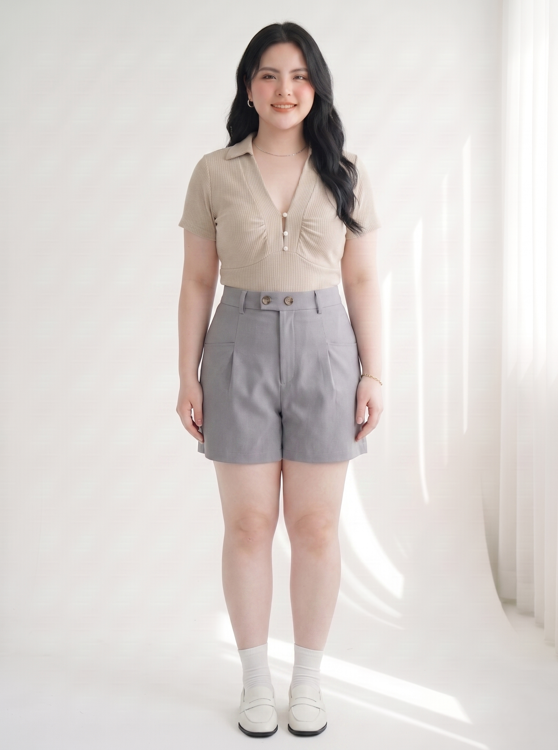Quần Short 2 Nút Bigsize Cạp Cao Ống Vừa Gọn Đùi Đi Làm Đi Chơi - Xám - Vừa 55-90kg - V-QS014