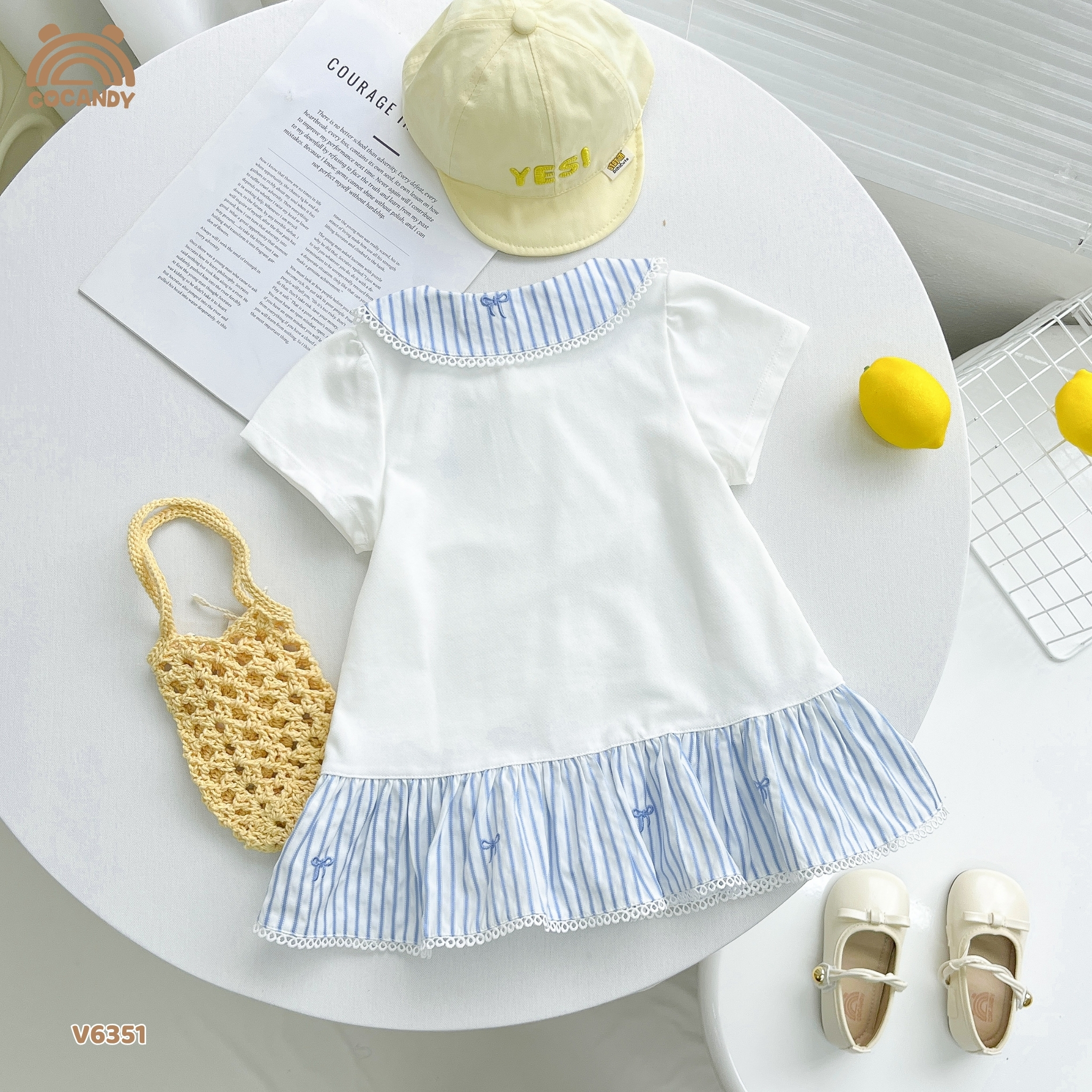 Váy cộc polo TRẮNG phối cổ caro nơ xanh_thumbnail_3