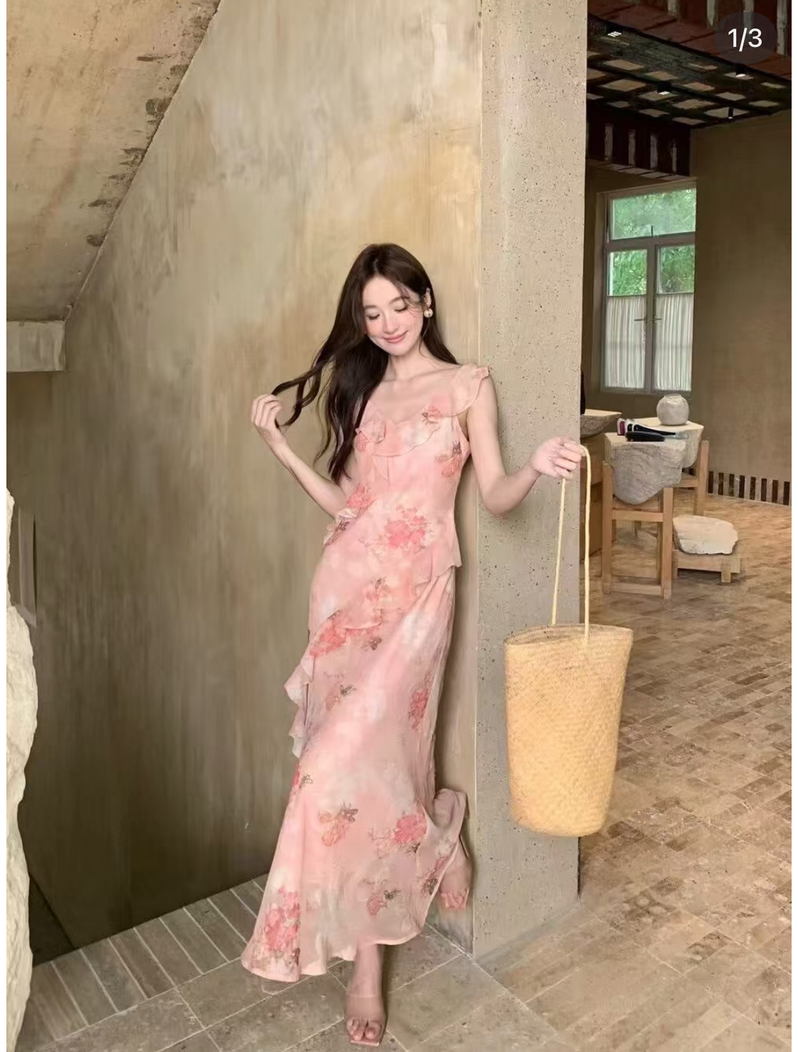 Lucas - Váy hoa cổ tim viền bèo chéo váy dáng maxi