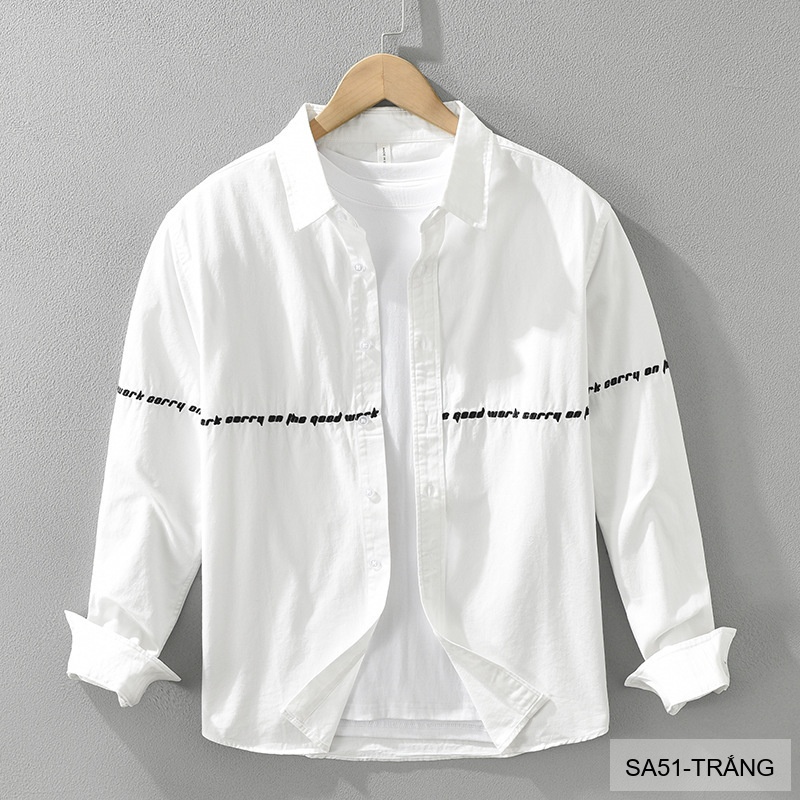 SA51 - Áo Sơ Mi Nam Phong Cách Nhật Bản Thêu Tiếng Anh Tay Dài Thời Trang Đa Năng