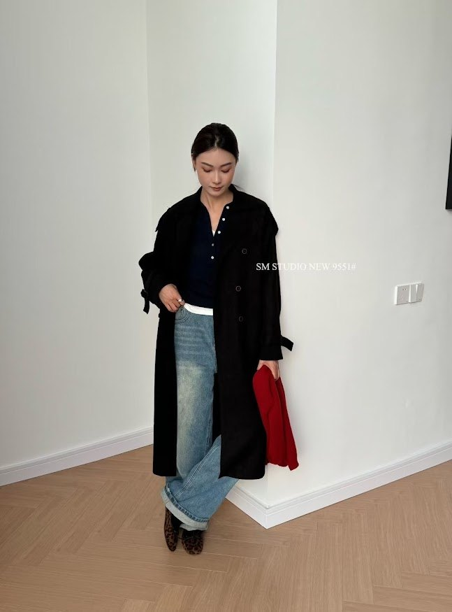 Áo khoác dạ sm cổ vest tay dài đai vai, đai tay dáng dài_thumbnail_6