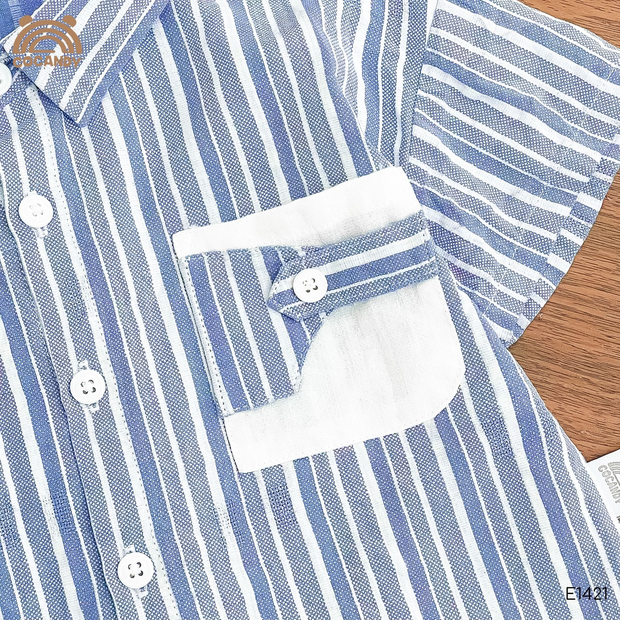 Áo cộc sơ mi kẻ XANH túi ốp phối trắng_thumbnail_4