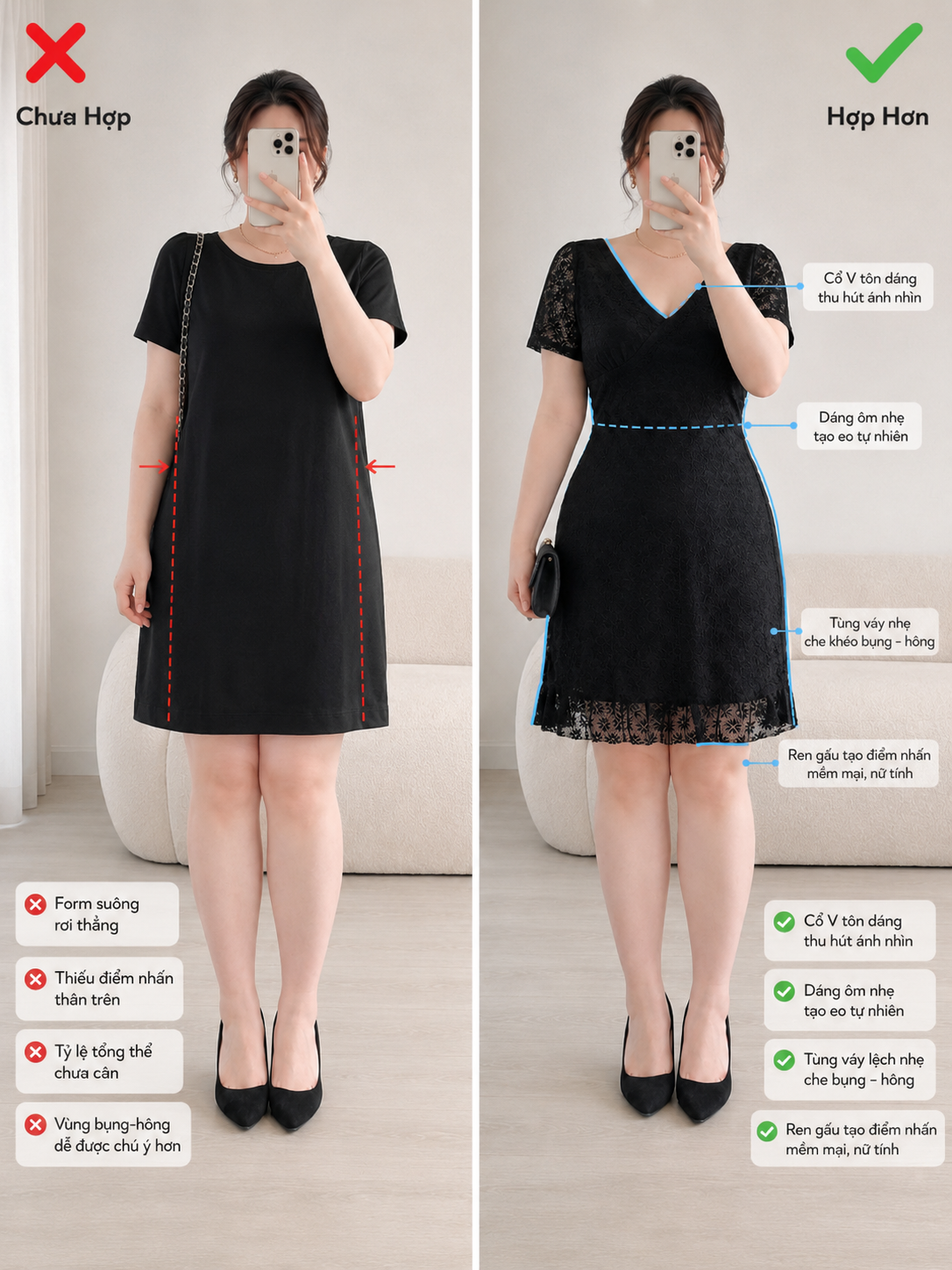 So sánh form suông và đầm dáng A bigsize cổ V V-DA211 giúp eo nhìn gọn hơn