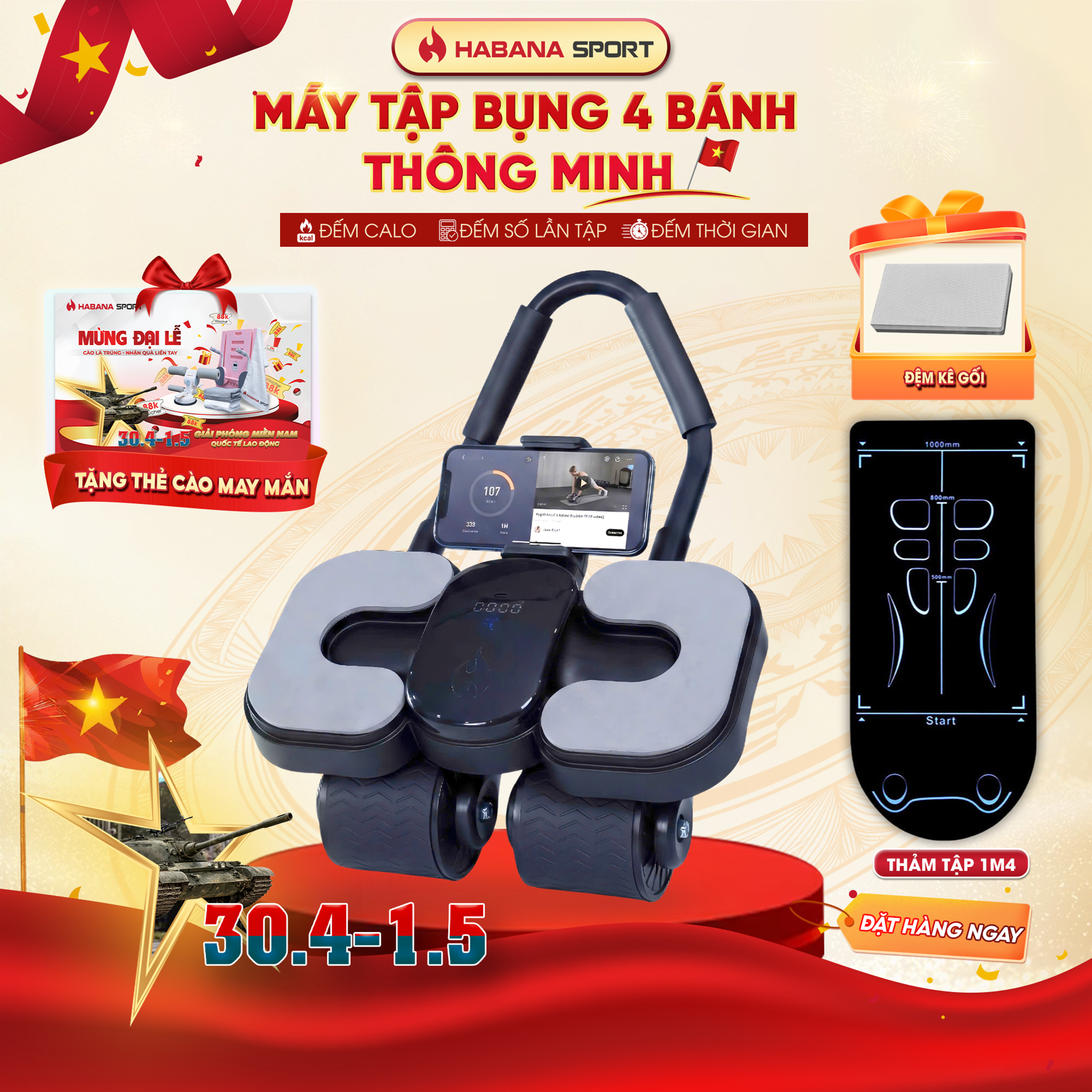 Máy Tập Bụng Đốt Mỡ Thông Minh Habana - [ TẶNG ] Thảm tập 1m4 + Đệm kê gối 