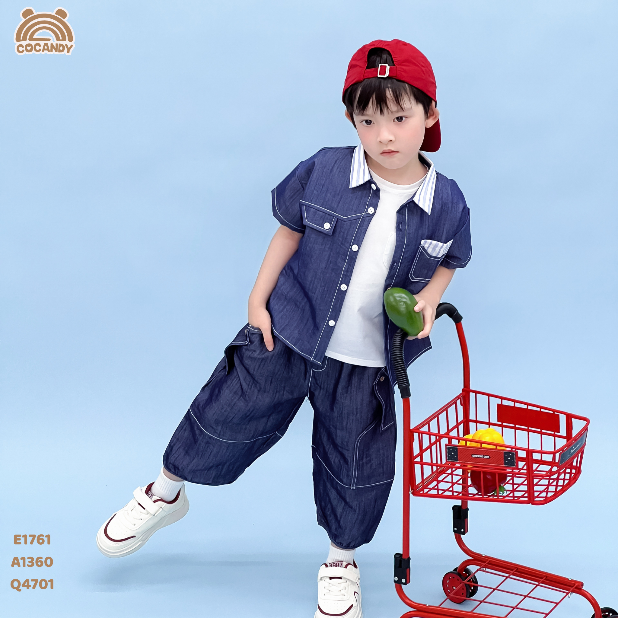 Áo cộc jeans XANH phối cổ sọc kẻ