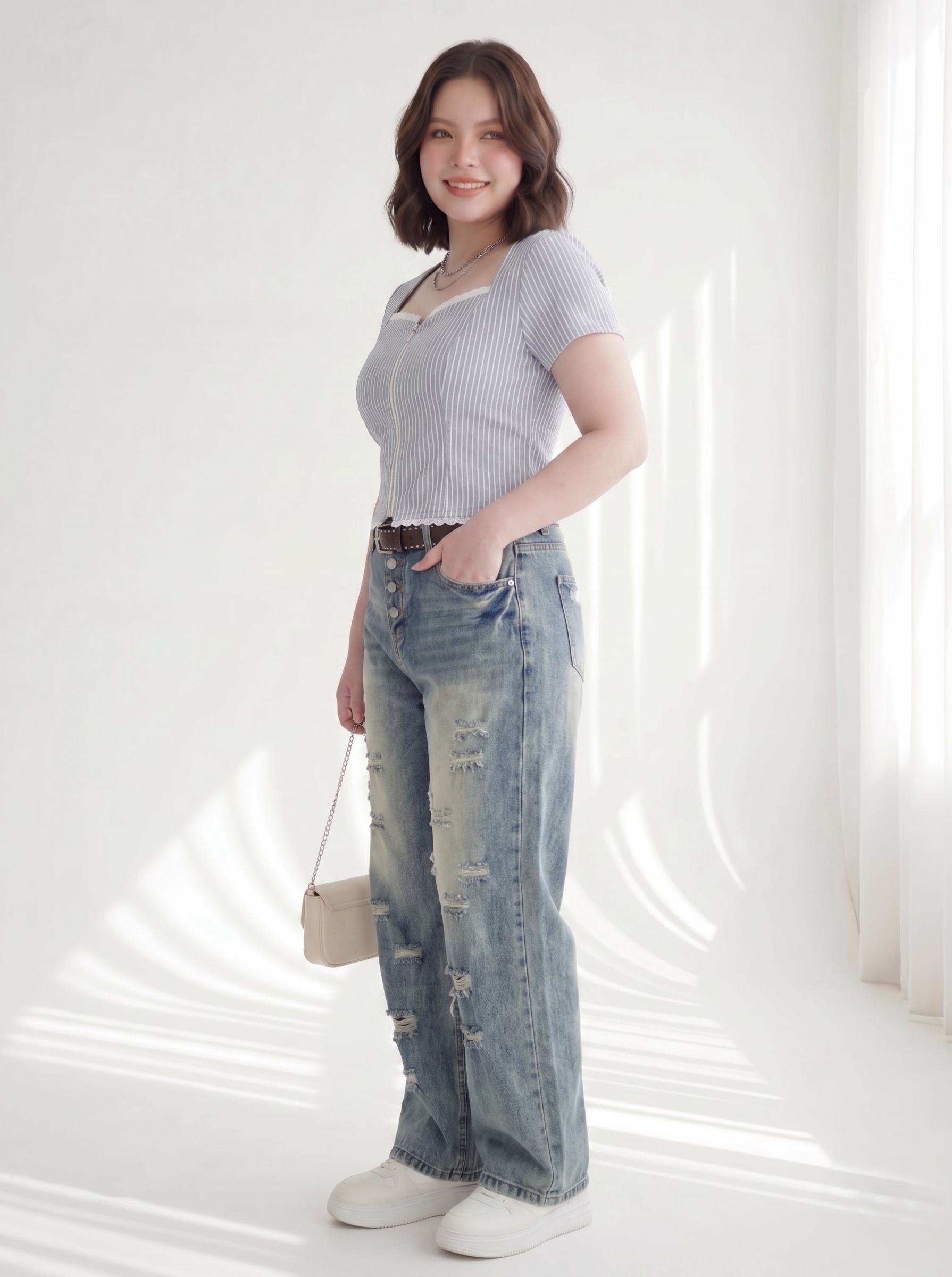 Quần Jean Suông Rách Bigsize 4 Nút Che Bụng - Xanh Bụi - Vừa 55-90kg - QJ623