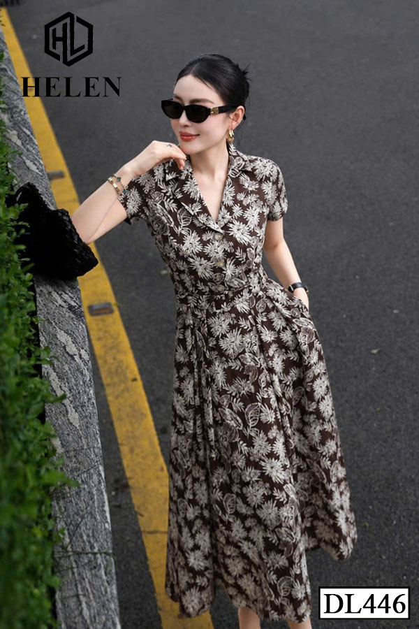 Đầm xòe hoa nâu cổ vest + kèm đai DL446_thumbnail_2