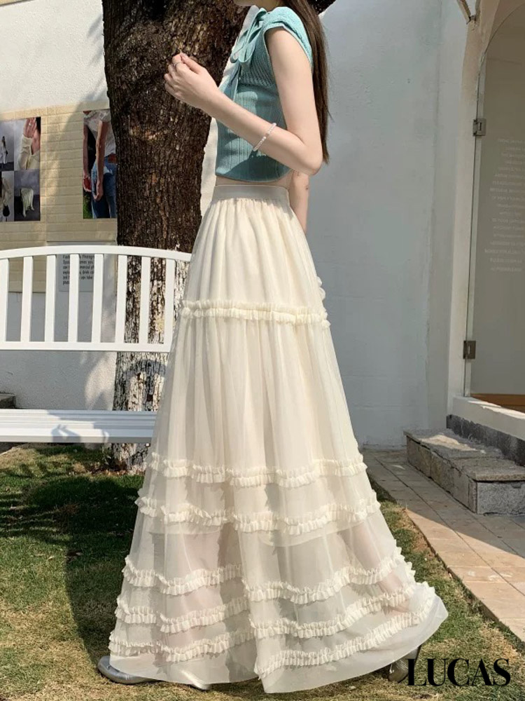 Chân váy voan xòe cạp chun nối 3 tầng viền voan