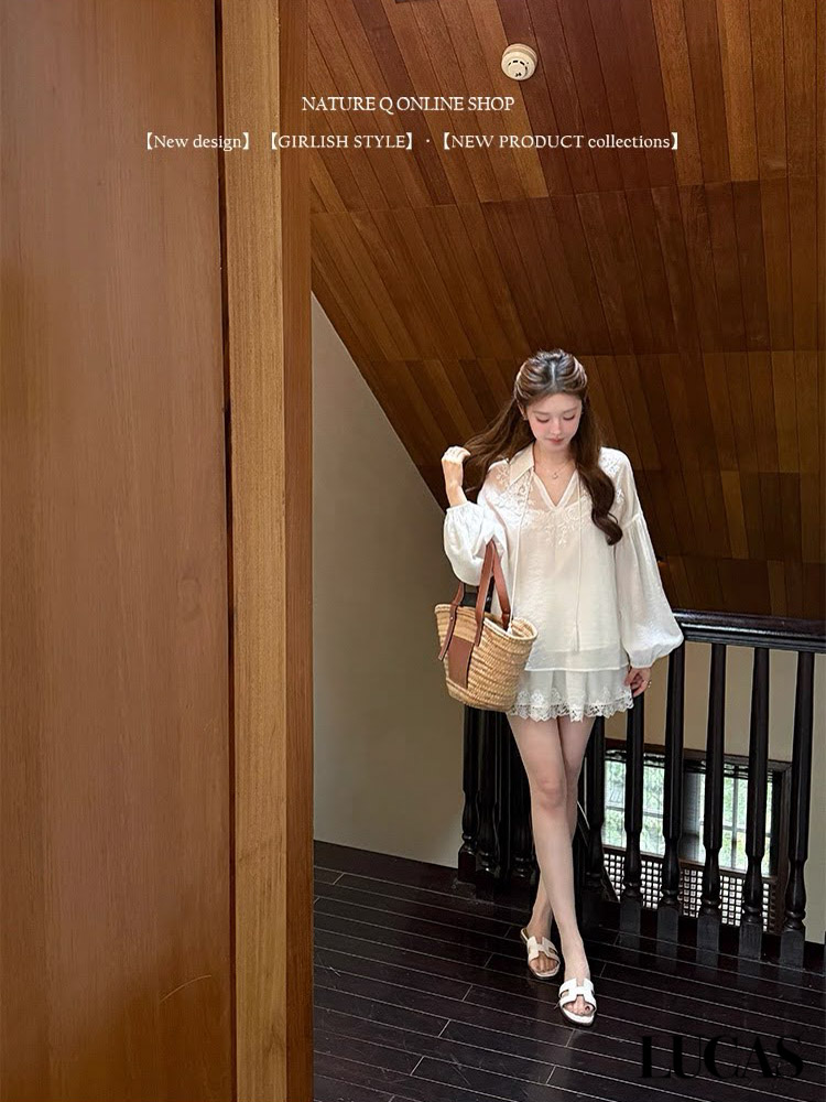 Set áo sơ mi voan cổ tim bẻ buộc nơ phối ren quanh cổ + quần sóc gấu viền ren_thumbnail_4