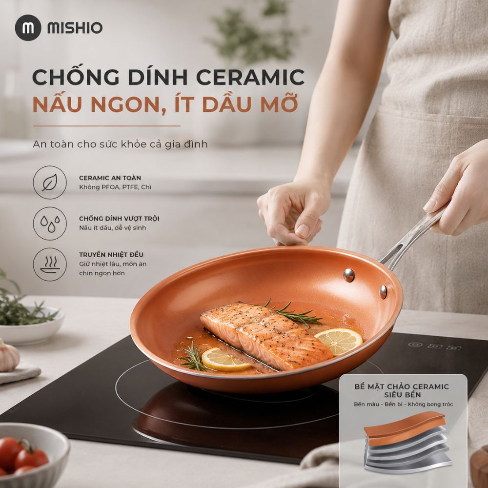 Chảo Chống Dính Đáy Từ Mishio Size 25 cm MK431 - Chống Dính Gốm Cao Cấp, An Toàn Sức Khỏe, Dùng Cho Mọi Loại Bếp